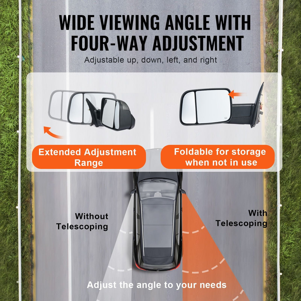 Towing Mirrors Fit for Dodge Ram 1500 2002-2008, 2500 3500 2003-2009 Power Heated with Signal Light & Puddle Light, Manual Controlling Flipping Folding, Black