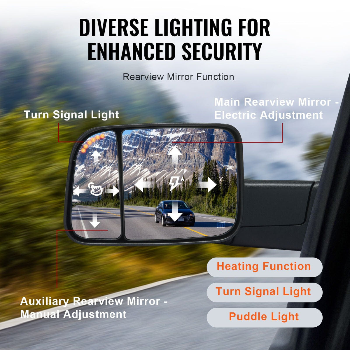 Towing Mirrors Fit for Dodge Ram 1500 2002-2008, 2500 3500 2003-2009 Power Heated with Signal Light & Puddle Light, Manual Controlling Flipping Folding, Black