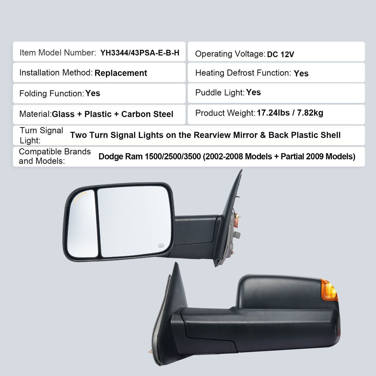 Towing Mirrors Fit for Dodge Ram 1500 2002-2008, 2500 3500 2003-2009 Power Heated with Signal Light & Puddle Light, Manual Controlling Flipping Folding, Black