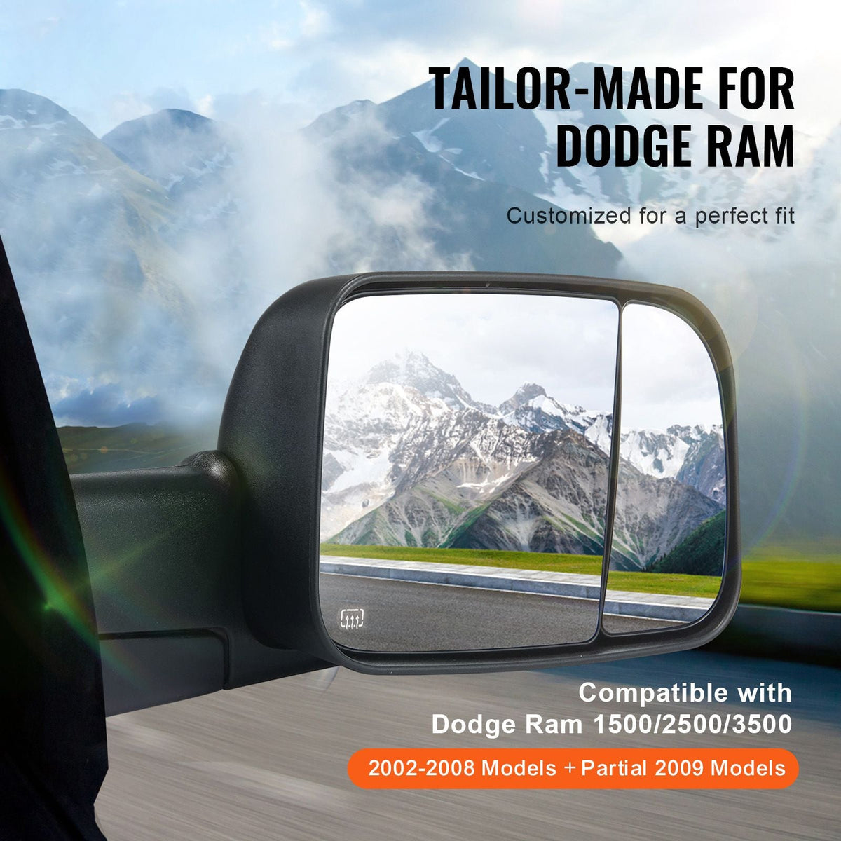 Towing Mirrors Fit for Dodge Ram 1500 2002-2008, 2500 3500 2003-2009 Power Heated with Signal Light & Puddle Light, Manual Controlling Flipping Folding, Black