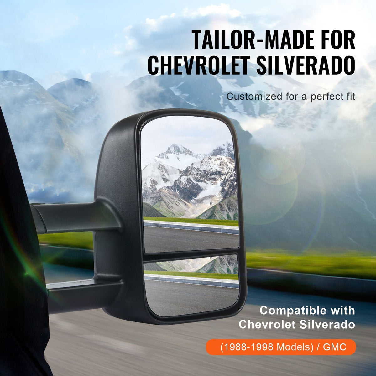 Towing Mirrors, Left & Right Pair Set for Chevrolet Silverado (1988-1998)/GMC, Tow Mirror with Plane and Convex Glass, Manual Controlling Telescoping Folding, and Four-Way Adjustment, Black