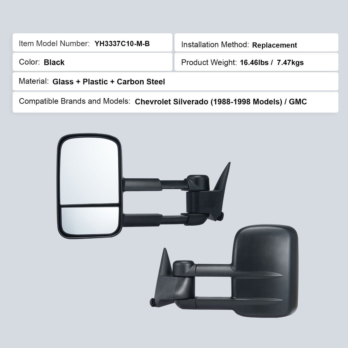 Towing Mirrors, Left & Right Pair Set for Chevrolet Silverado (1988-1998)/GMC, Tow Mirror with Plane and Convex Glass, Manual Controlling Telescoping Folding, and Four-Way Adjustment, Black
