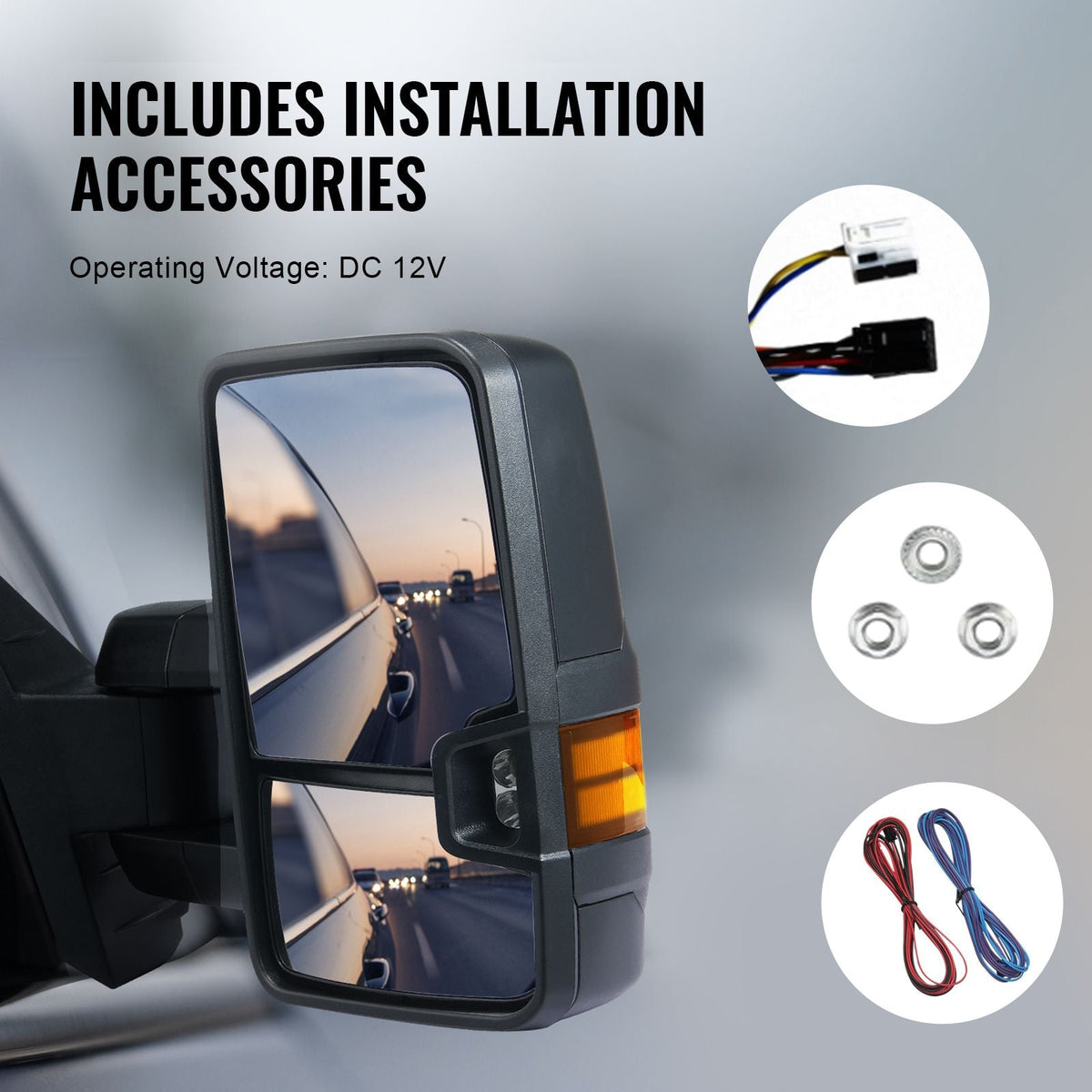 Towing Mirrors, Left & Right Pair Set for Chevrolet Silverado (2007-2014)/GMC/Cadillac, Power Heated with Signal Light & LED Driving Light, Manual Telescoping Folding, and Heating Defrost, Black