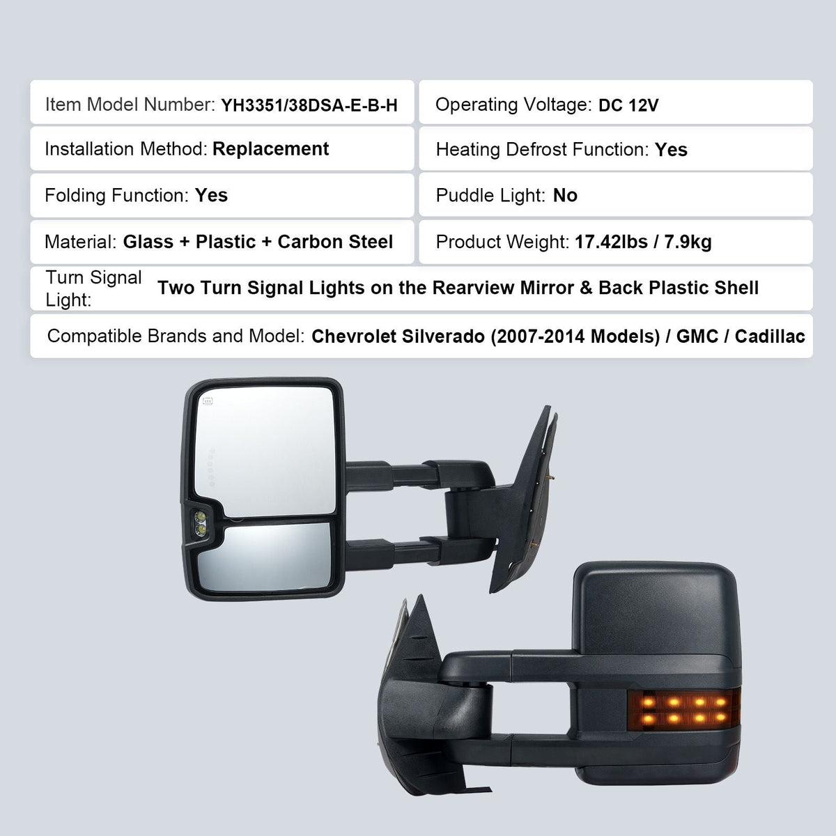 Towing Mirrors, Left & Right Pair Set for Chevrolet Silverado (2007-2014)/GMC/Cadillac, Power Heated with Signal Light & LED Driving Light, Manual Telescoping Folding, and Heating Defrost, Black