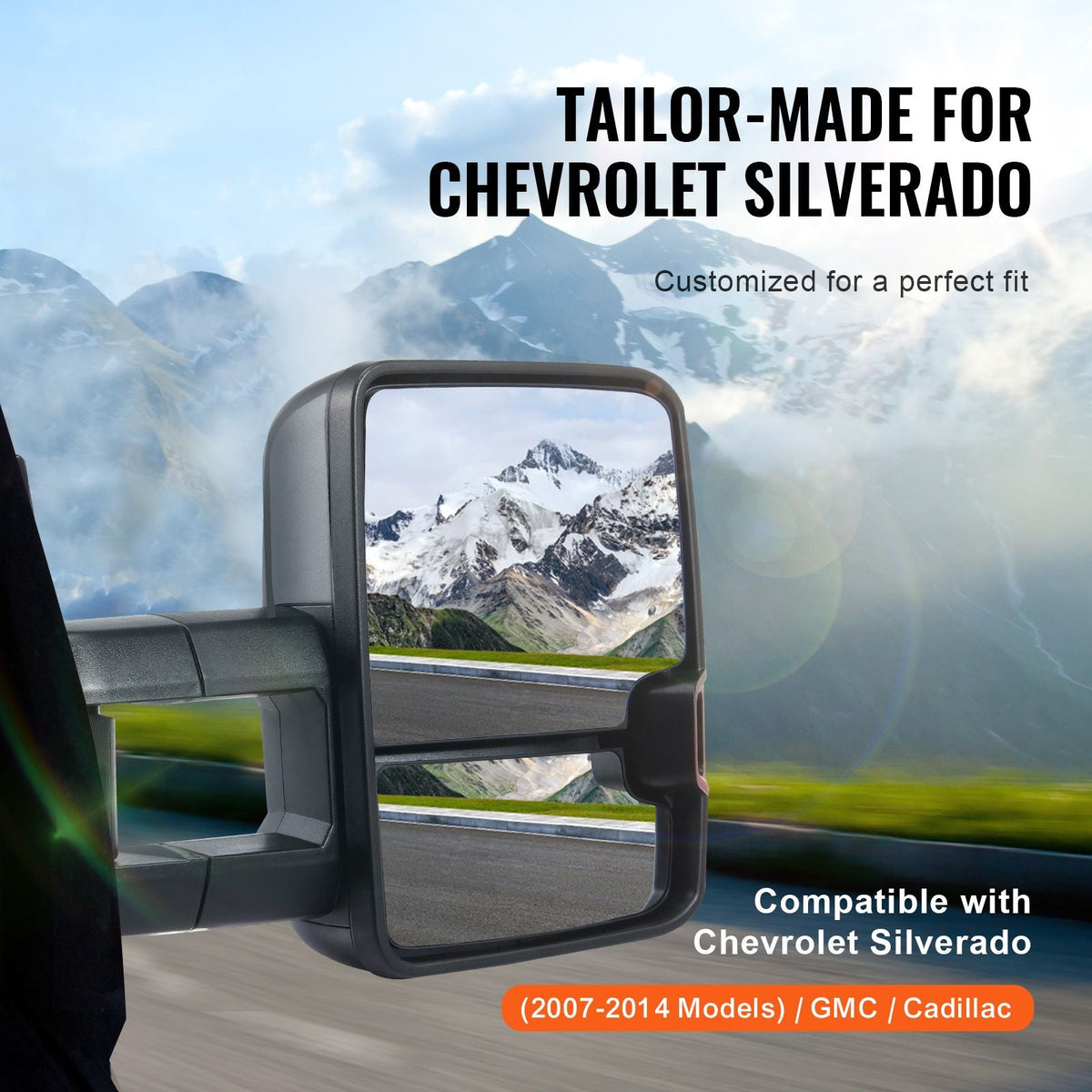 Towing Mirrors, Left & Right Pair Set for Chevrolet Silverado (2007-2014)/GMC/Cadillac, Power Heated with Signal Light & LED Driving Light, Manual Telescoping Folding, and Heating Defrost, Black