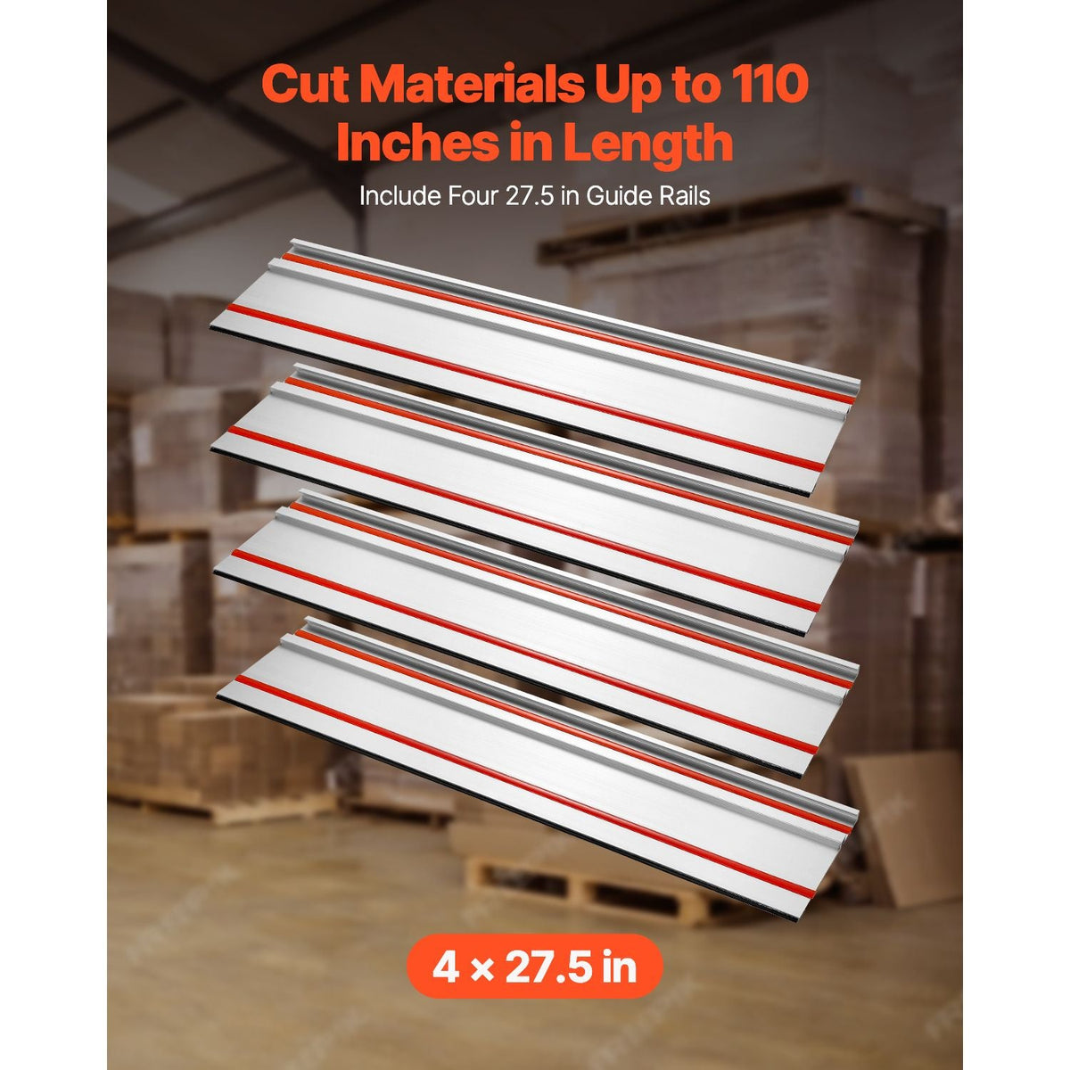 Track Saw Guide Rail, 110 in Cutting Range, Includes 4 PCs 27.5 in Aluminum Extruded Guide Rails and 3 Connectors, Compatible with Makita, Festool & WEN Track Saws, for Woodworking Longer Cuts