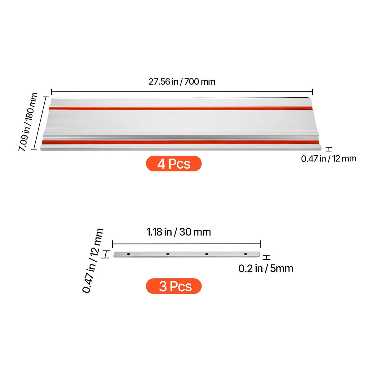 Track Saw Guide Rail, 110 in Cutting Range, Includes 4 PCs 27.5 in Aluminum Extruded Guide Rails and 3 Connectors, Compatible with Makita, Festool & WEN Track Saws, for Woodworking Longer Cuts