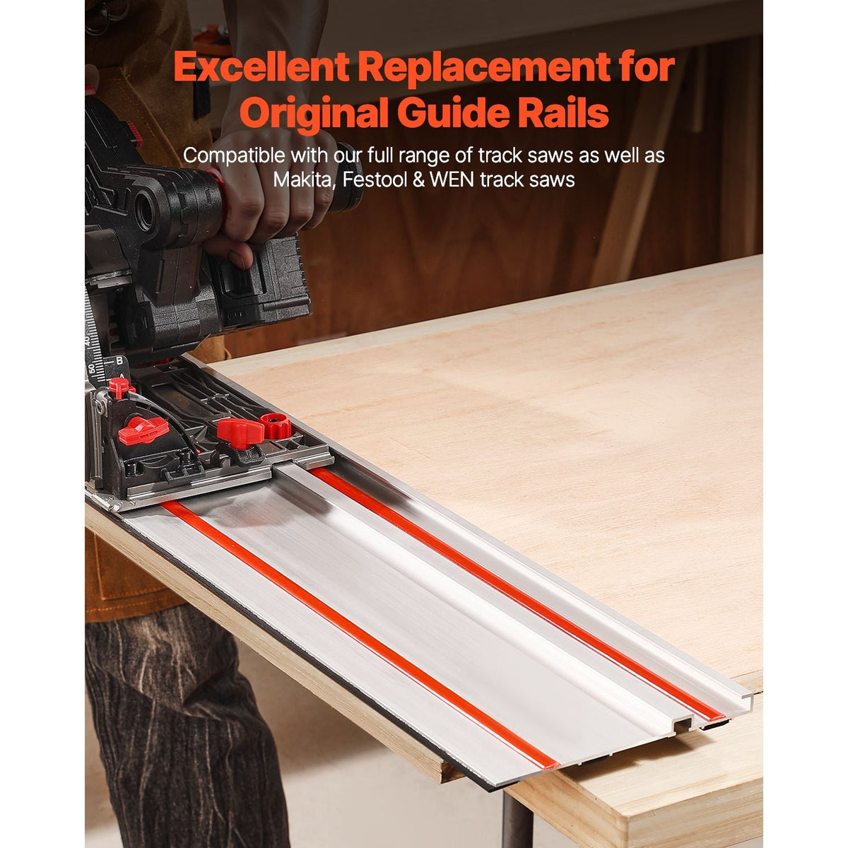 Track Saw Guide Rail, 110 in Cutting Range, Includes 4 PCs 27.5 in Aluminum Extruded Guide Rails and 3 Connectors, Compatible with Makita, Festool & WEN Track Saws, for Woodworking Longer Cuts