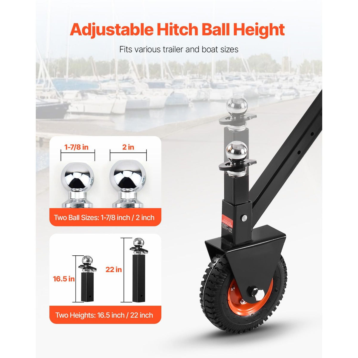 Trailer Dolly, 300lbs Tongue Weight Capacity, 16.5 inch and 22 inch Height Adjustable Trailer Dolly, with 1-7/8 inch and 2 inch Balls, 8.5 inch Pneumatic Rubber Tire, for Moving RV Trailer