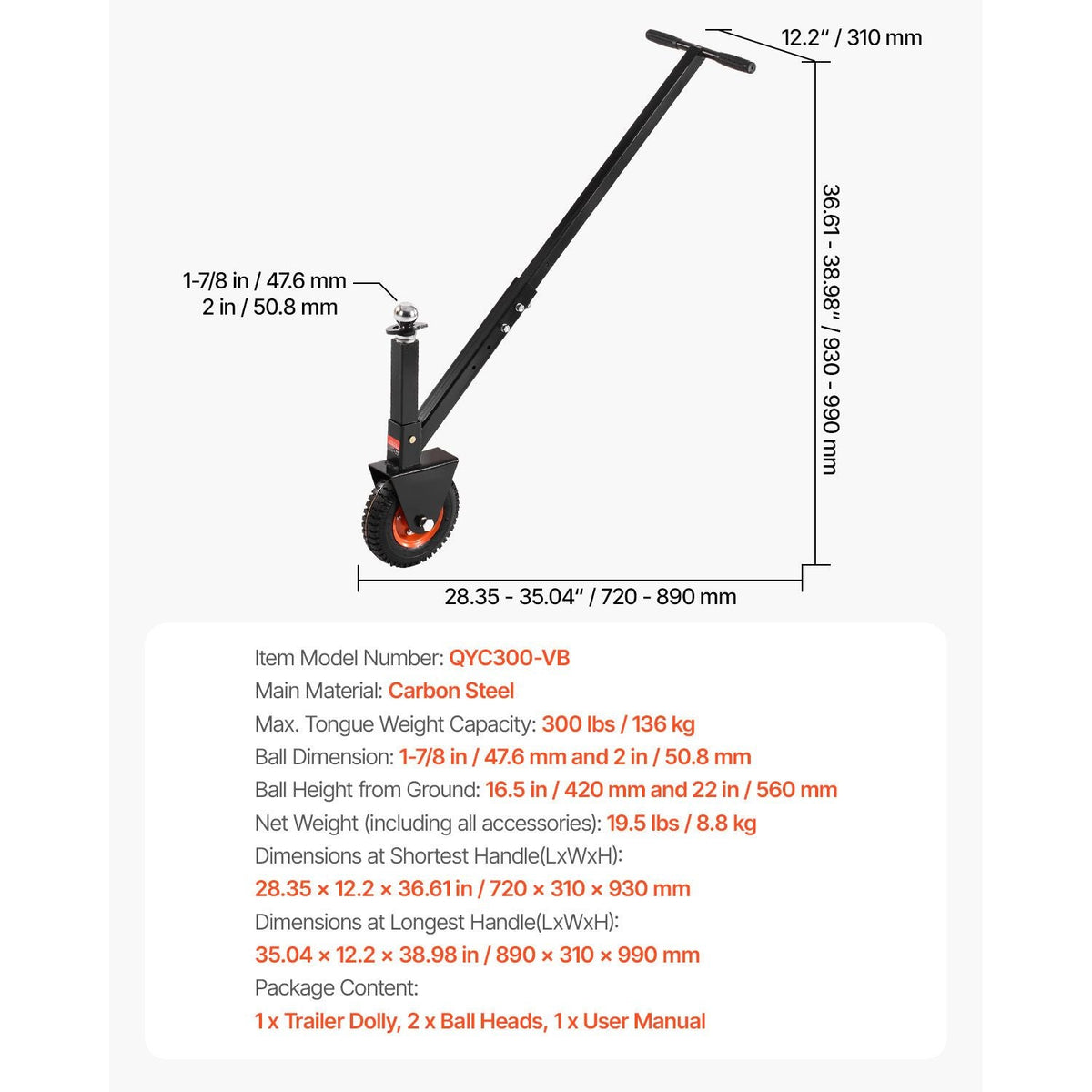 Trailer Dolly, 300lbs Tongue Weight Capacity, 16.5 inch and 22 inch Height Adjustable Trailer Dolly, with 1-7/8 inch and 2 inch Balls, 8.5 inch Pneumatic Rubber Tire, for Moving RV Trailer