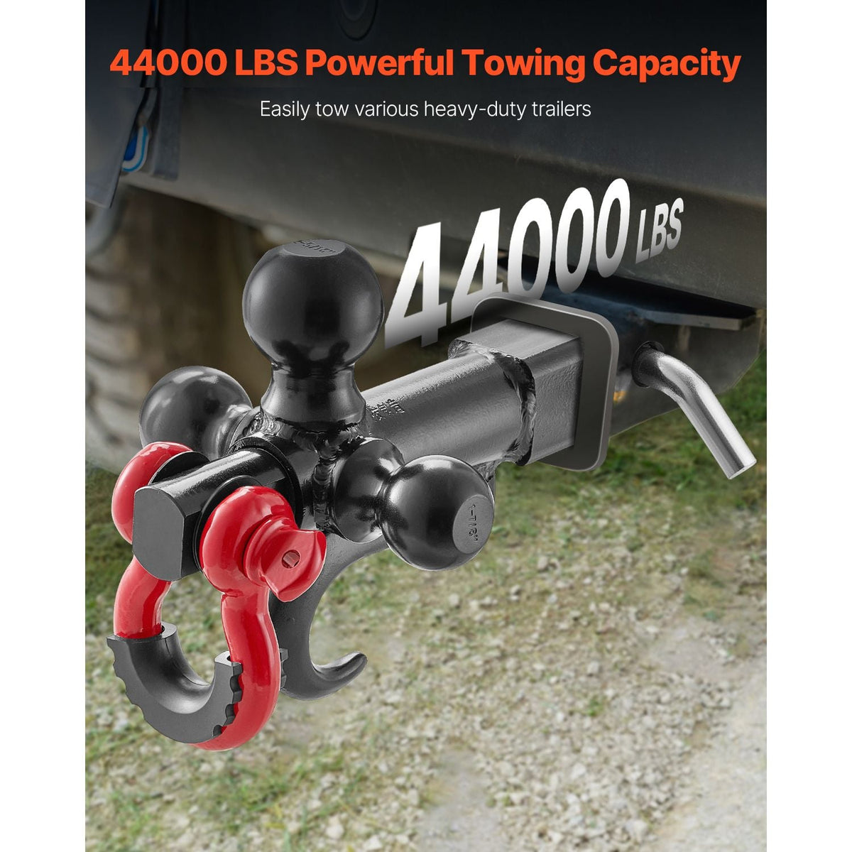 Trailer Hitch, Tri-Ball Mount with Hook & D-ring, Trailer Ball Size 1-7/8", 2" & 2-5/16", Fit 2-Inch Hitch Receiver, Max 44000 lbs Ball Hitch, Towing Hitch for RVs, SUVs, ATVs, and Trucks, Black