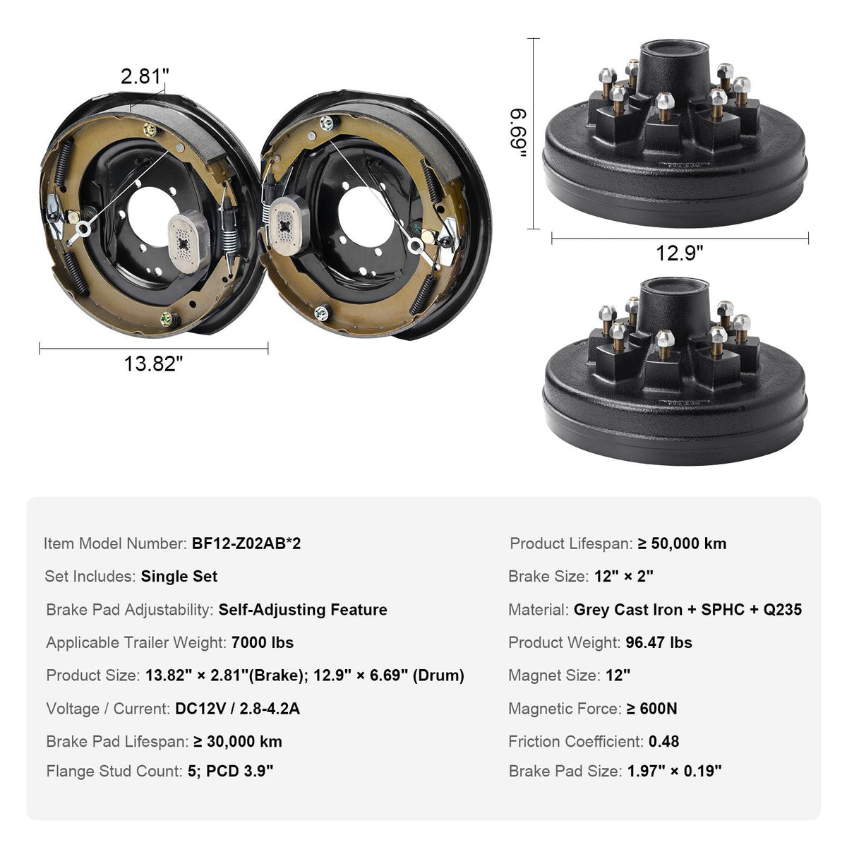 Trailer Hub Drum Kits 8 on 6.5" B.C. with 12" x 2" Electric Brakes, Self-Adjusting Trailer Brake Assembly for 7000 lbs Axle, 5-Hole Mounting, Backing Plates for Brake System Part Replacement