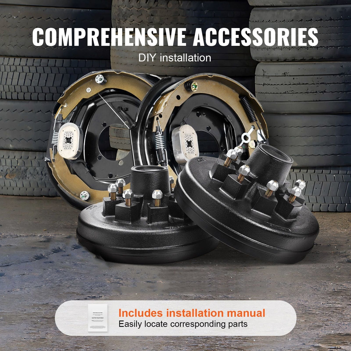 Trailer Hub Drum Kits 8 on 6.5" B.C. with 12" x 2" Electric Brakes, Self-Adjusting Trailer Brake Assembly for 7000 lbs Axle, 5-Hole Mounting, Backing Plates for Brake System Part Replacement