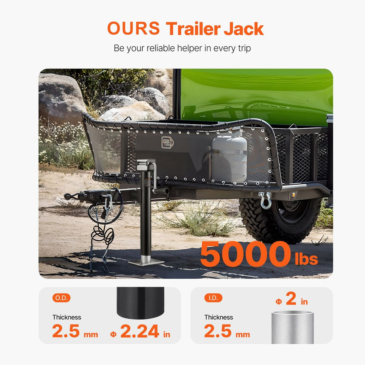 Trailer Jack, 5000 lbs Dynamic Load Capacity, Weld-on Pipe-Mount Swivel Trailer Jack with Ergonomic Handle, 15-inch Vertical Travel, Suitable for RV, Horse, Utility, Camping and Yacht Trailers