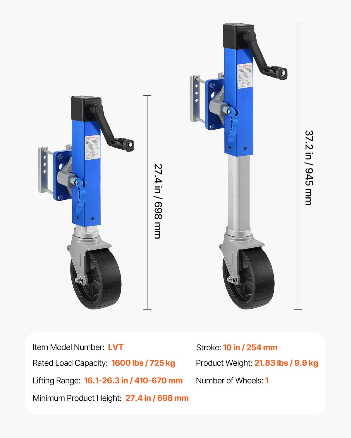Trailer Jack with Wheel, 1600 lbs Heavy Duty Swivel Boat Trailer Jack PP Single Wheel, 10" Lift, Bolt-on Trailer Tongue Jack with Ergonomic Handle for RV, Boat, Horse Trailer, Utility Trailer