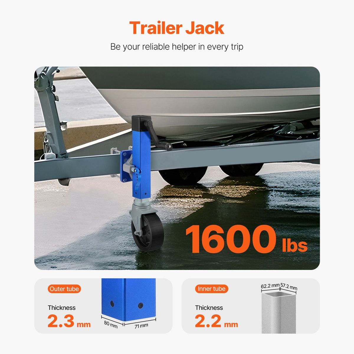 Trailer Jack with Wheel, 1600 lbs Heavy Duty Swivel Boat Trailer Jack PP Single Wheel, 10" Lift, Bolt-on Trailer Tongue Jack with Ergonomic Handle for RV, Boat, Horse Trailer, Utility Trailer