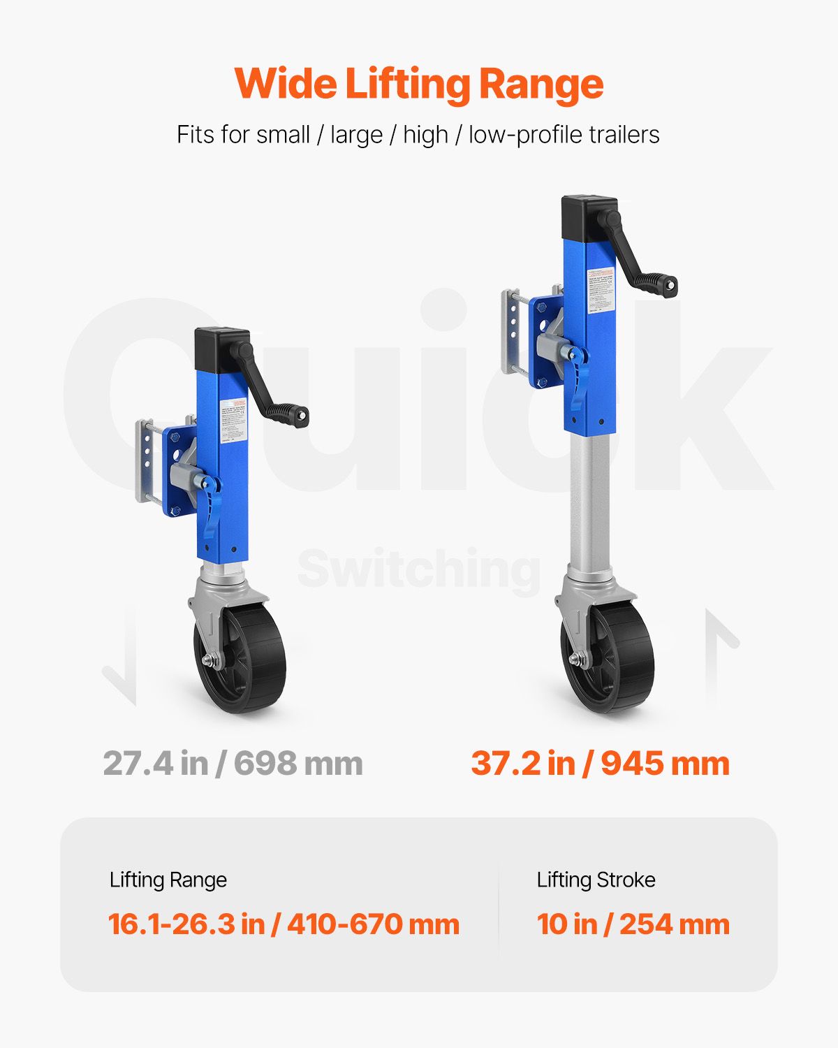 Trailer Jack with Wheel, 1600 lbs Heavy Duty Swivel Boat Trailer Jack PP Single Wheel, 10" Lift, Bolt-on Trailer Tongue Jack with Ergonomic Handle for RV, Boat, Horse Trailer, Utility Trailer