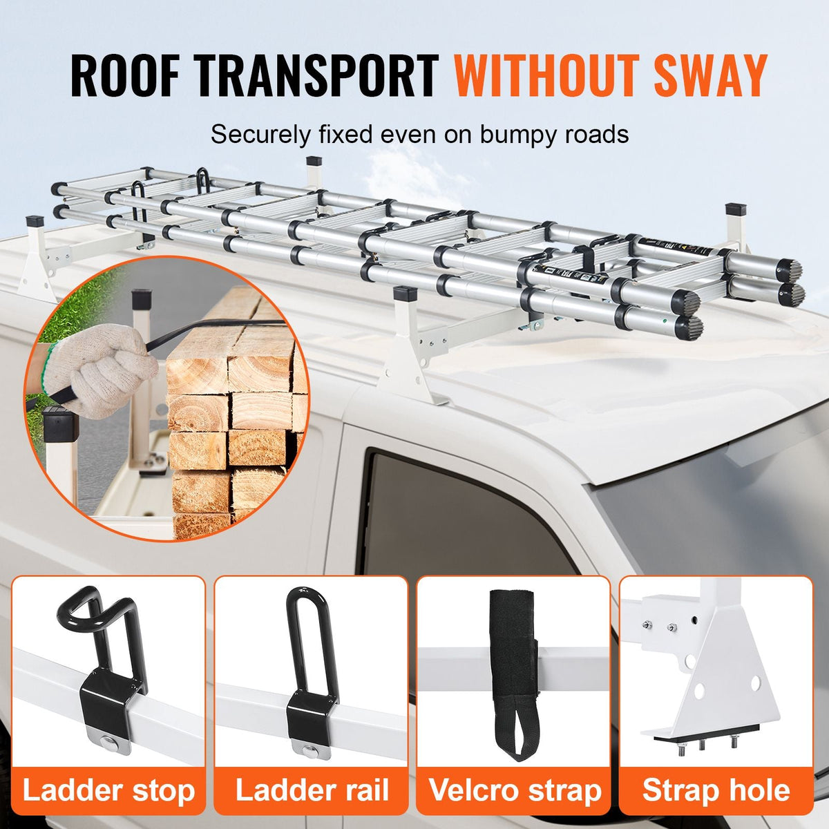 Trailer Ladder Rack, 54" 2 Crossbars Ladder Roof Rack, Heavy-duty Steel Van Roof Ladder Rack, 600 lbs Capacity Van Ladder Rack with Straps, Fit for Ford Transit 150, 250, 350, 2015-2022