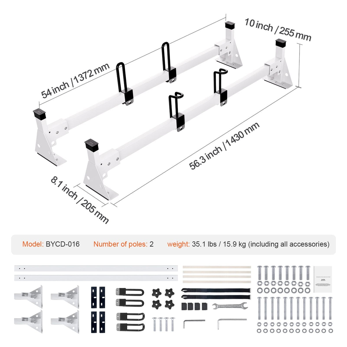 Trailer Ladder Rack, 54" 2 Crossbars Ladder Roof Rack, Heavy-duty Steel Van Roof Ladder Rack, 600 lbs Capacity Van Ladder Rack with Straps, Fit for Ford Transit 150, 250, 350, 2015-2022