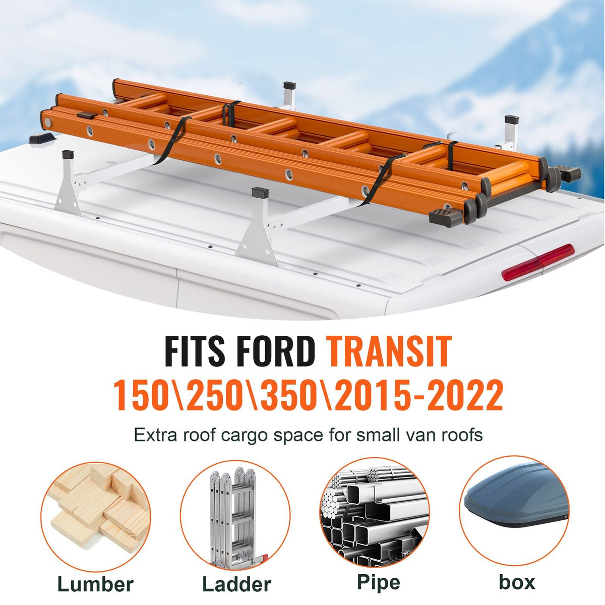 Trailer Ladder Rack, 54" 2 Crossbars Ladder Roof Rack, Heavy-duty Steel Van Roof Ladder Rack, 600 lbs Capacity Van Ladder Rack with Straps, Fit for Ford Transit 150, 250, 350, 2015-2022