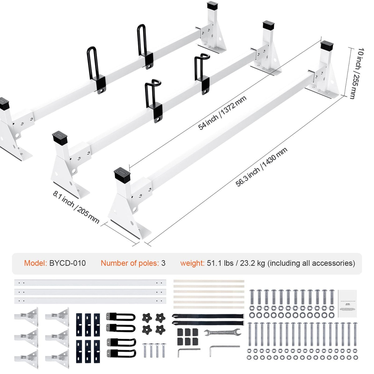 Trailer Ladder Rack, 54" 3 Crossbars Ladder Roof Rack, Heavy-duty Steel Van Roof Ladder Rack, 800 lbs Capacity Van Ladder Rack with Straps, Fit for Ford Transit 150, 250, 350, 2015-2022