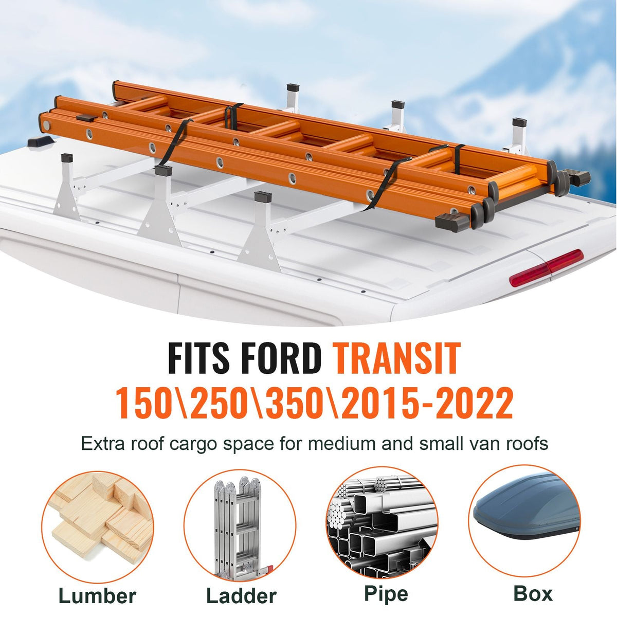 Trailer Ladder Rack, 54" 3 Crossbars Ladder Roof Rack, Heavy-duty Steel Van Roof Ladder Rack, 800 lbs Capacity Van Ladder Rack with Straps, Fit for Ford Transit 150, 250, 350, 2015-2022