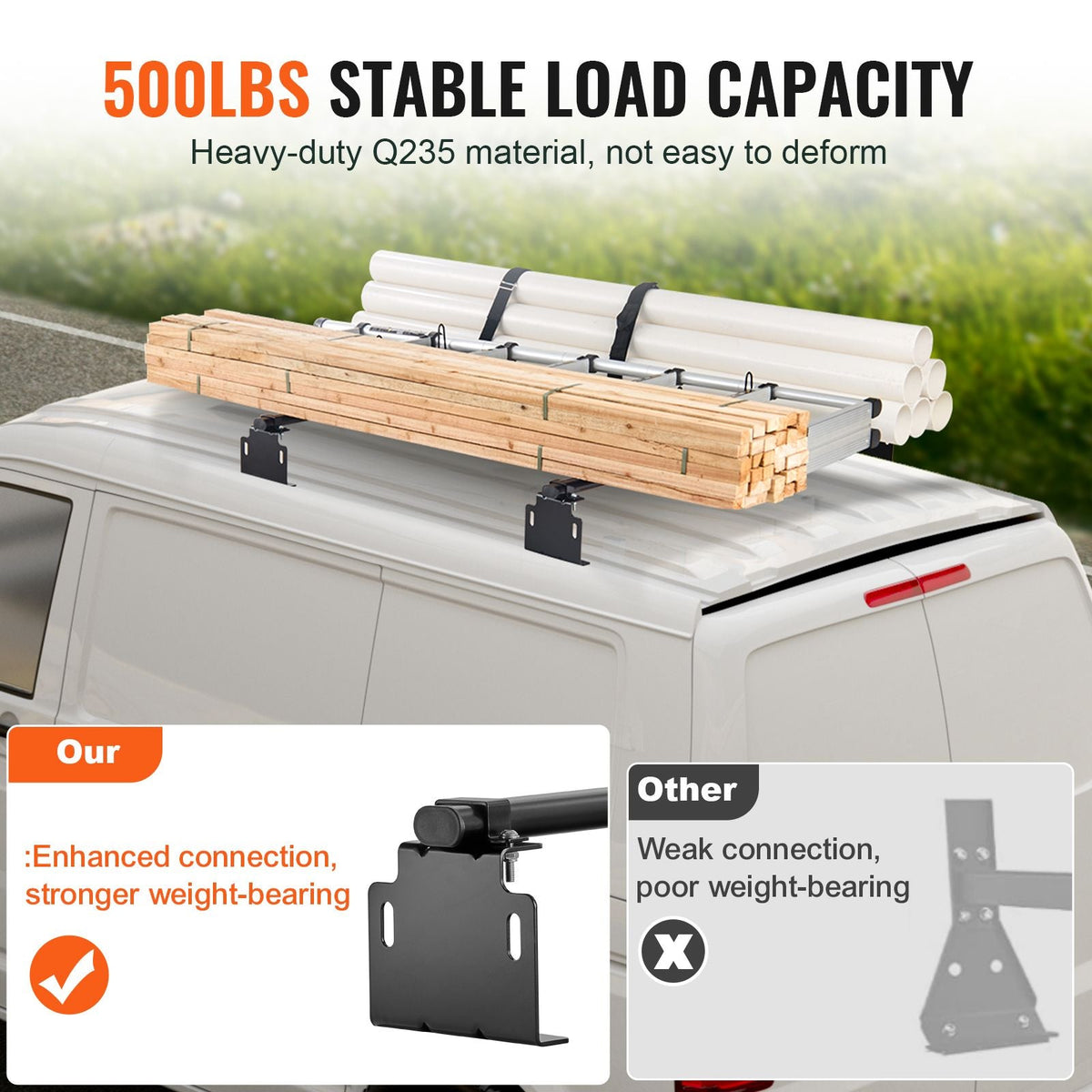 Trailer Ladder Rack, 60" 2 Crossbars Ladder Roof Rack, Heavy-duty Steel Van Roof Ladder Rack, 500 lbs Capacity Van Ladder Rack, Fit for Universal Truck Roofs