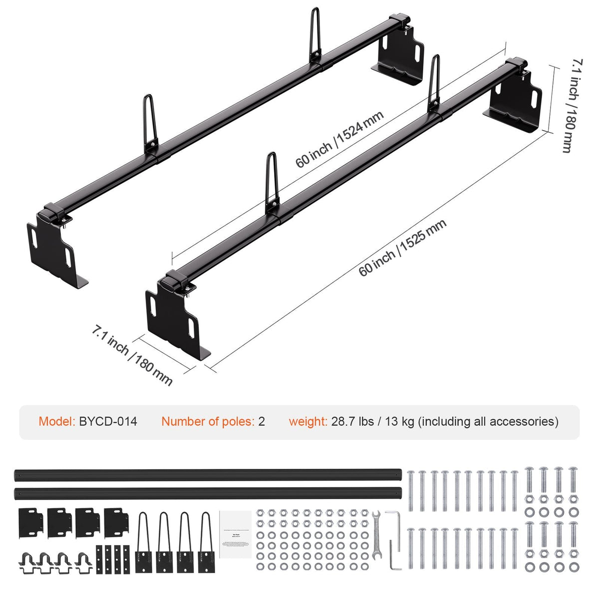 Trailer Ladder Rack, 60" 2 Crossbars Ladder Roof Rack, Heavy-duty Steel Van Roof Ladder Rack, 500 lbs Capacity Van Ladder Rack, Fit for Universal Truck Roofs