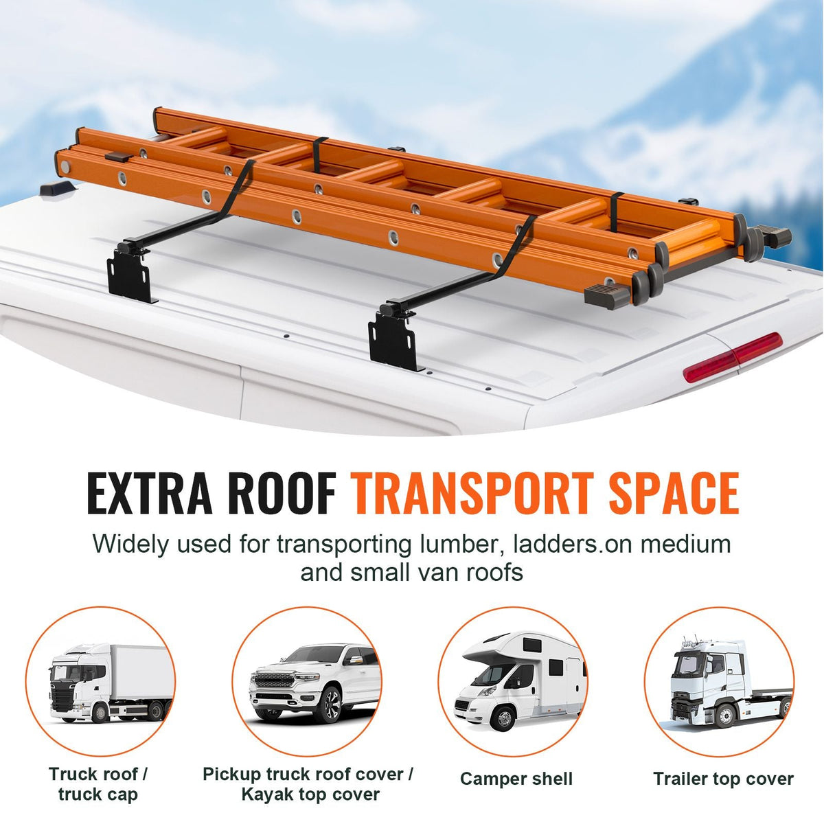 Trailer Ladder Rack, 60" 2 Crossbars Ladder Roof Rack, Heavy-duty Steel Van Roof Ladder Rack, 500 lbs Capacity Van Ladder Rack, Fit for Universal Truck Roofs