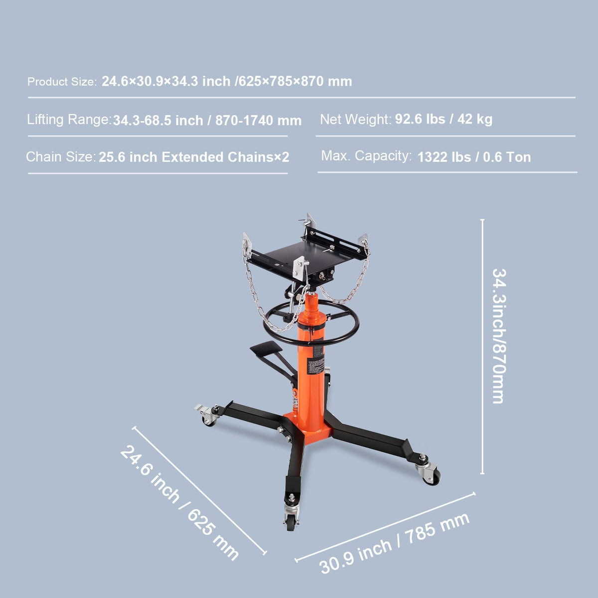 Transmission Jack, 1322 LBS Hydraulic Telescoping Transmission Jack, 32"-67" High Lift Floor Jack Stand with Foot Pedal, 360° Swivel Wheel, Hydraulic Transmission Jack Garage/Shop Lift Hoist