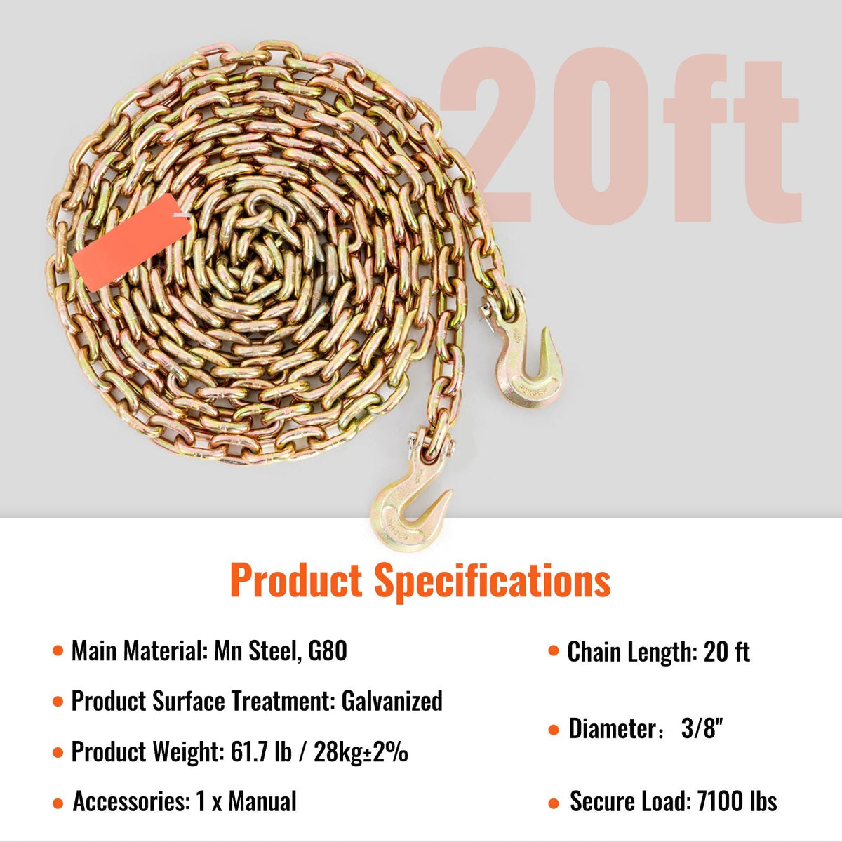 Transport Binder Chain, 7100lbs Working Load Limit, 3/8''x20' G80 Tow Chain Tie Down with Grab Hooks, DOT Certified, Galvanized Coating Manganese Steel for Dock Factory Construction Site, 2 Pack