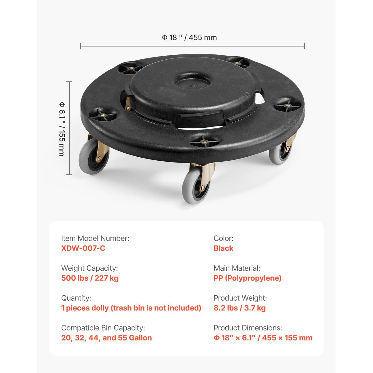 Trash Can Dolly, Fit 20, 32, 44, 55 Gallon Containers, Round Trash Can Roller Base with 4 Lockable Wheels, 500lbs Weight Capacity, Heavy Duty Barrel Dolly, Multi-Functional Rolling Dolly Cart