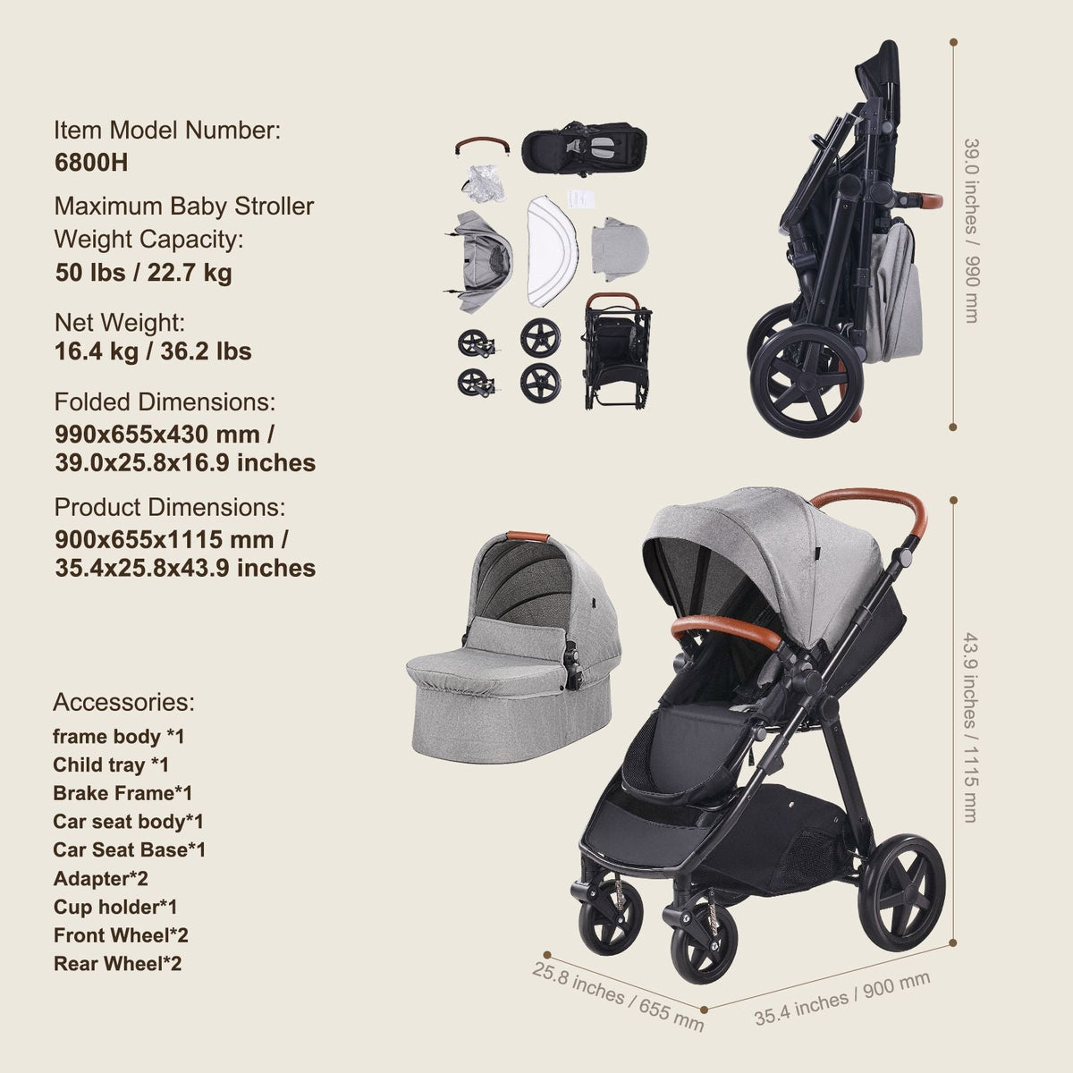Travel System Stroller with Infant Bassinet, 2-in-1 Baby Cradle Stroller Combo, Reversible Seat, Easy One-button Folding, EVA Tires with Brake Aluminum Stroller Carseat Combo Set (Dark Gray)