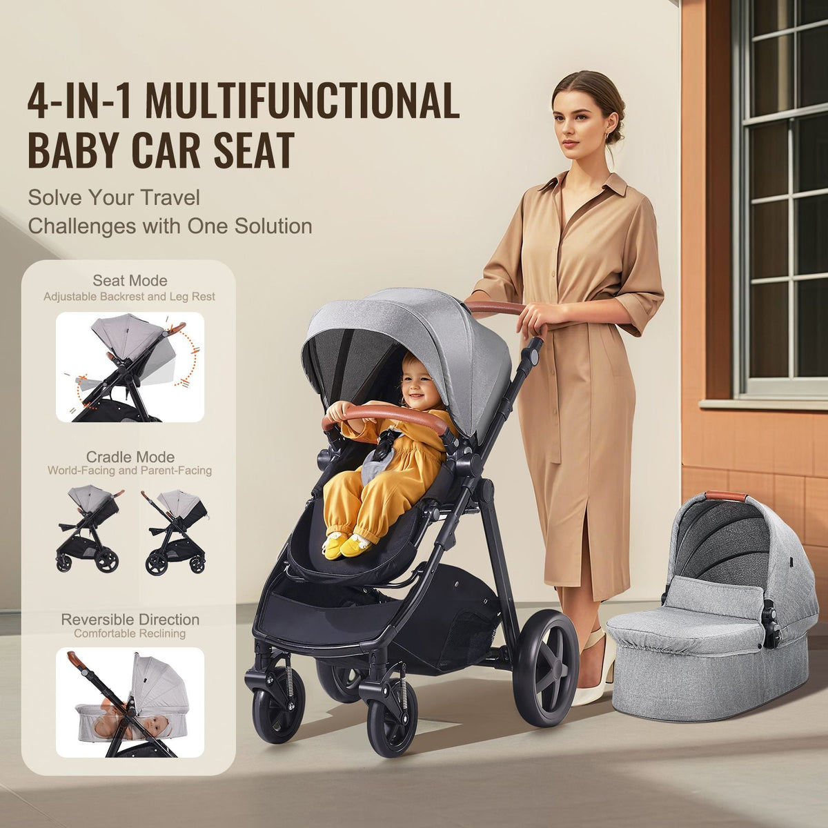 Travel System Stroller with Infant Bassinet, 2-in-1 Baby Cradle Stroller Combo, Reversible Seat, Easy One-button Folding, EVA Tires with Brake Aluminum Stroller Carseat Combo Set (Dark Gray)