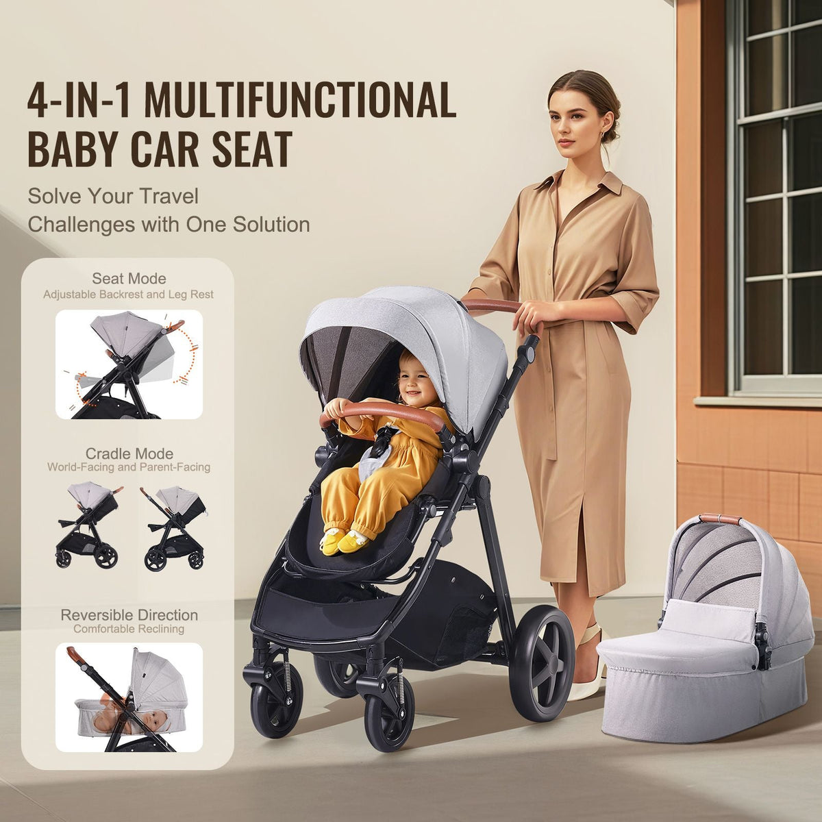 Travel System Stroller with Infant Bassinet, 2-in-1 Baby Cradle Stroller Combo, Reversible Seat, Easy One-button Folding, EVA Tires with Brake Aluminum Stroller Carseat Combo Set (Light Gray)