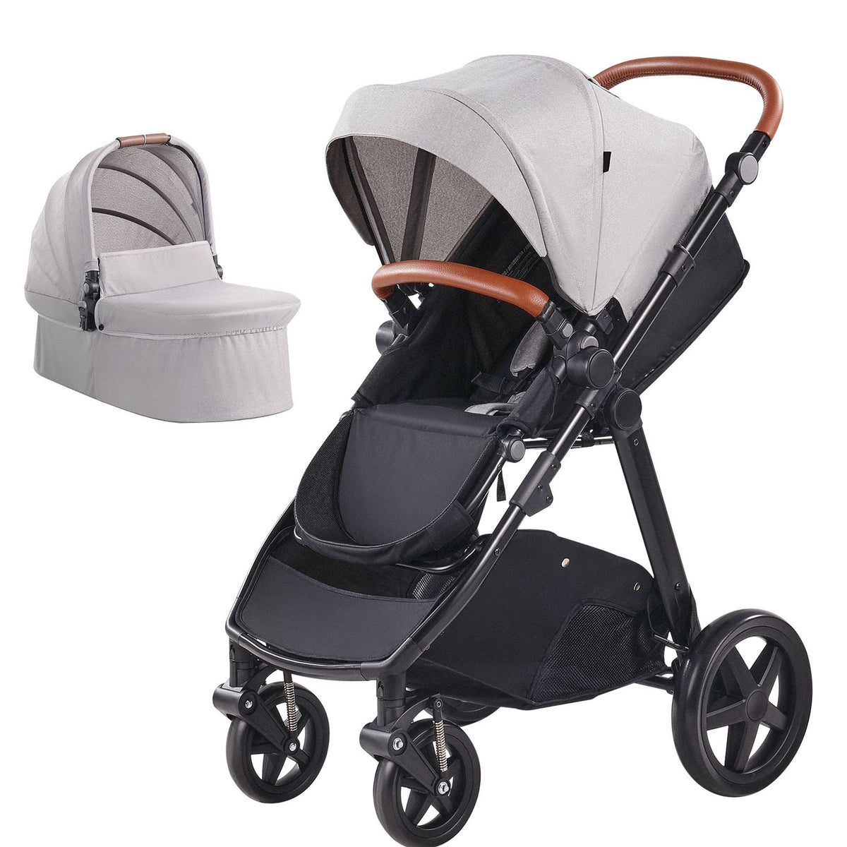 Travel System Stroller with Infant Bassinet, 2-in-1 Baby Cradle Stroller Combo, Reversible Seat, Easy One-button Folding, EVA Tires with Brake Aluminum Stroller Carseat Combo Set (Light Gray)