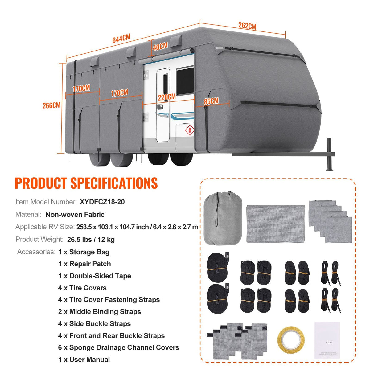 Travel Trailer Cover, 18-20 ft RV Cover, 4-Layer Non-Woven Fabric Camper Cover, Waterproof, Windproof and Rip-Stop Class A RV Cover, with Storage Bag, Repair Patches, Straps and Tire Covers