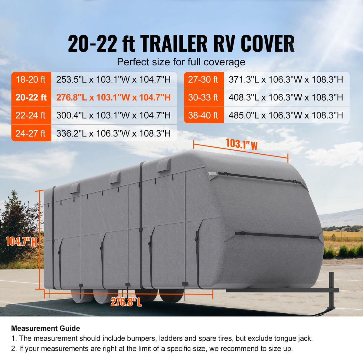 Travel Trailer Cover, 20-22 ft RV Cover, 4-Layer Non-Woven Fabric Camper Cover, Waterproof, Windproof and Rip-Stop Class A RV Cover, with Storage Bag, Repair Patches, Straps and Tire Covers