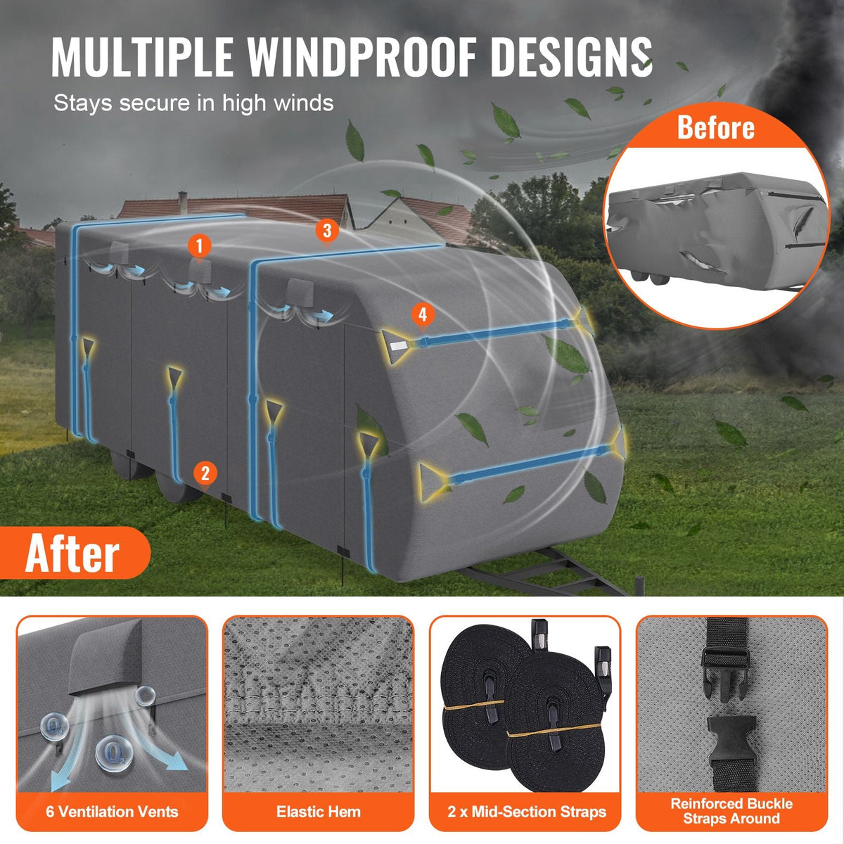 Travel Trailer Cover, 22-24 ft RV Cover, 4-Layer Non-Woven Fabric Camper Cover, Waterproof, Windproof and Rip-Stop Class A RV Cover, with Storage Bag, Repair Patches, Straps and Tire Covers