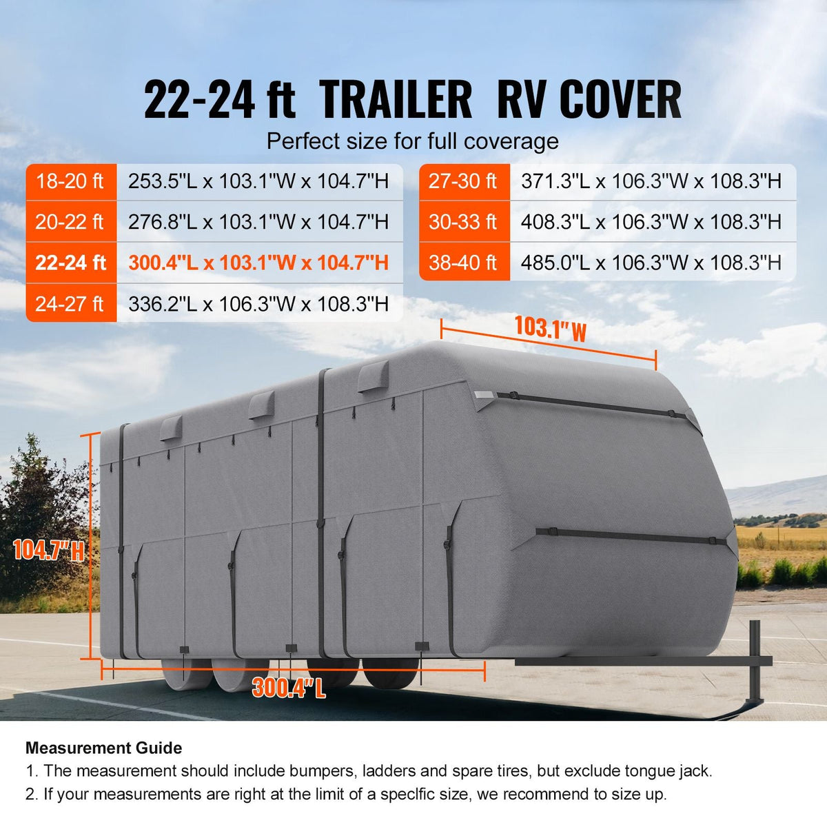 Travel Trailer Cover, 22-24 ft RV Cover, 4-Layer Non-Woven Fabric Camper Cover, Waterproof, Windproof and Rip-Stop Class A RV Cover, with Storage Bag, Repair Patches, Straps and Tire Covers
