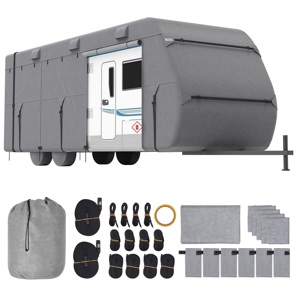 Travel Trailer Cover, 24-27 ft RV Cover, 4-Layer Non-Woven Fabric Camper Cover, Waterproof, Windproof and Rip-Stop Class A RV Cover, with Storage Bag, Repair Patches, Straps and Tire Covers