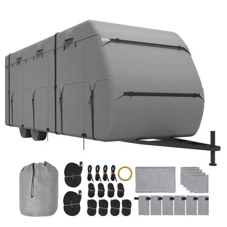Travel Trailer Cover, 24-27 ft RV Cover, 4-Layer Non-Woven Fabric Camper Cover, Waterproof, Windproof and Rip-Stop Class A RV Cover, with Storage Bag, Repair Patches, Straps and Tire Covers