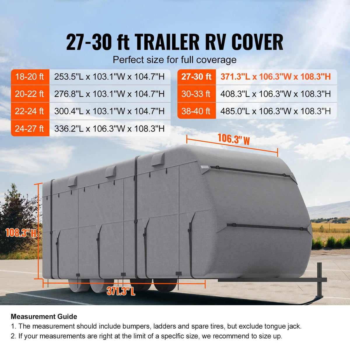 Travel Trailer Cover, 27-30 ft RV Cover, 4-Layer Non-Woven Fabric Camper Cover, Waterproof, Windproof and Rip-Stop Class A RV Cover, with Storage Bag, Repair Patches, Straps and Tire Covers