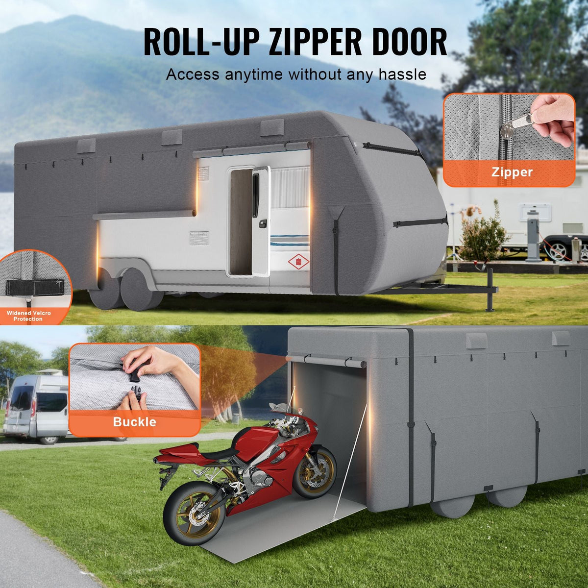 Travel Trailer Cover, 27-30 ft RV Cover, 4-Layer Non-Woven Fabric Camper Cover, Waterproof, Windproof and Rip-Stop Class A RV Cover, with Storage Bag, Repair Patches, Straps and Tire Covers