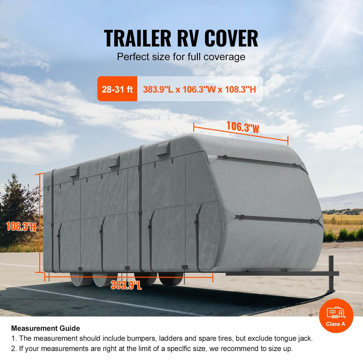 Travel Trailer Cover, 28-31 ft RV Cover, Top 300D Oxford Fabric Camper Cover, Waterproof, Windproof and Rip-Stop Class A RV Cover, with Storage Bag, Repair Patches, Straps and Tire Covers