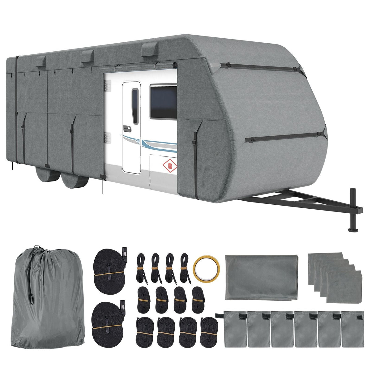Travel Trailer Cover, 28-31 ft RV Cover, Top 300D Oxford Fabric Camper Cover, Waterproof, Windproof and Rip-Stop Class A RV Cover, with Storage Bag, Repair Patches, Straps and Tire Covers