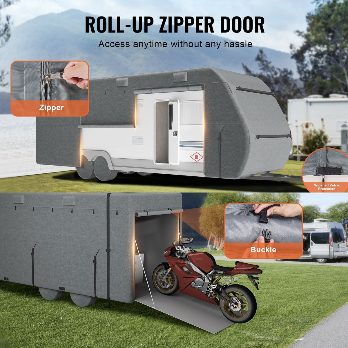 Travel Trailer Cover, 28-31 ft RV Cover, Top 300D Oxford Fabric Camper Cover, Waterproof, Windproof and Rip-Stop Class A RV Cover, with Storage Bag, Repair Patches, Straps and Tire Covers