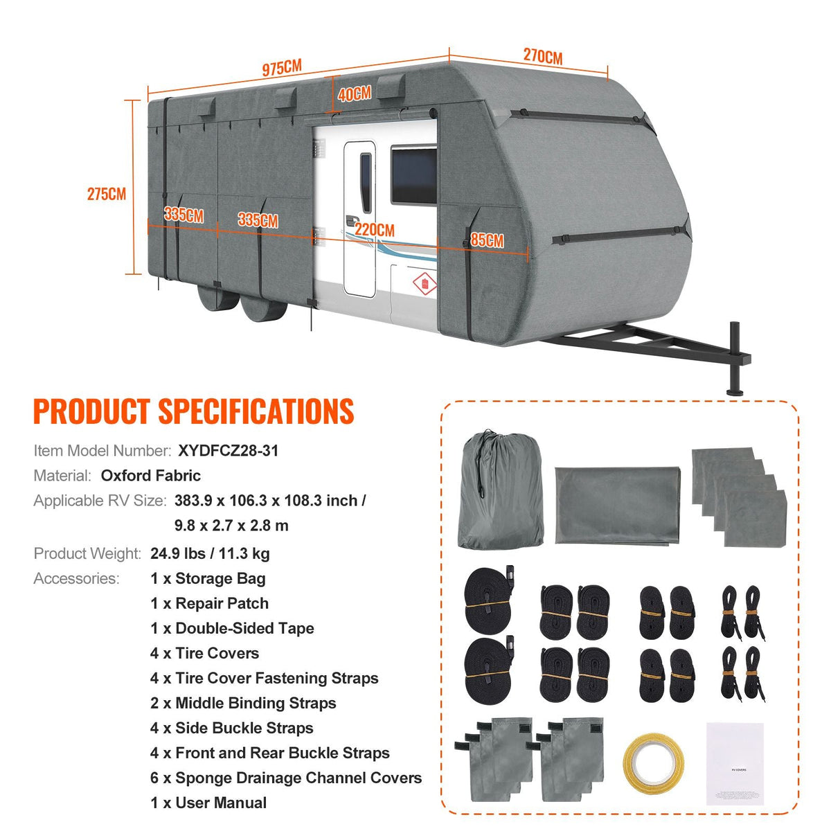 Travel Trailer Cover, 28-31 ft RV Cover, Top 300D Oxford Fabric Camper Cover, Waterproof, Windproof and Rip-Stop Class A RV Cover, with Storage Bag, Repair Patches, Straps and Tire Covers
