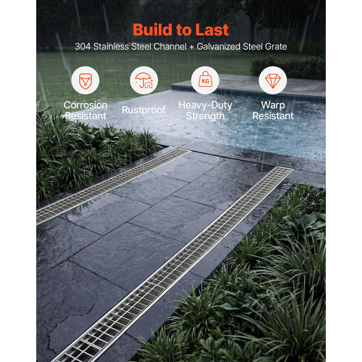 Trench Drain, 39.3 x 5.8 x 5.5 in, Linear Drainage Channel with Galvanized Steel Grate, 304 Stainless Steel Channel Drain, Outdoor Drainage System for Driveway, Patio, Pool, Garden, Silver