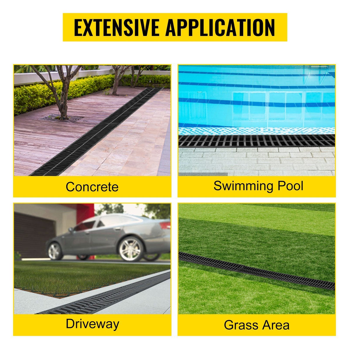 Trench Drain System, Channel Drain with Plastic Grate, 5.9x7.5-Inch HDPE Drainage Trench, Black Plastic Garage Floor Drain, 4x39 Trench Drain Grate, with 4 End Caps, for Garden, Driveway-4 Pack